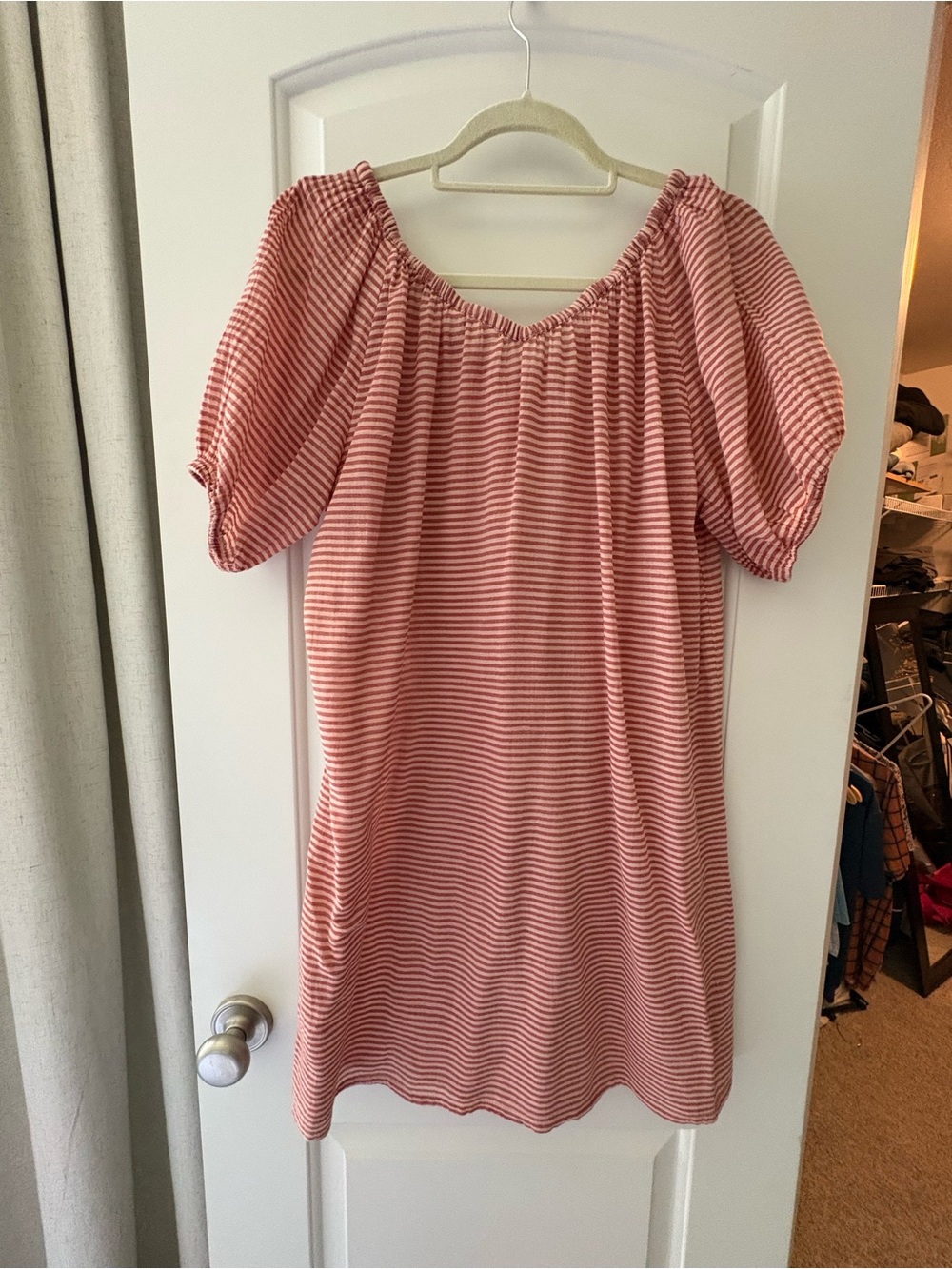 Garnet Hill Pink and White Striped Off-Shoulder Puff Sleeve Tunic Small